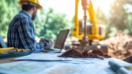 Serene workspace for a geotechnical engineer showcasing sharp focus on soil analysis charts drilling equipment and geological maps while the engineer remains softly blurred