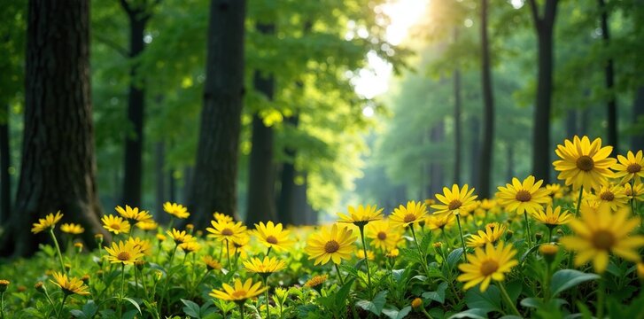 Bright yellow flowers bloom amidst towering trees, flower, foliage