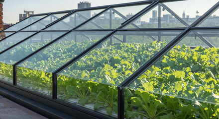 Green leafy vegetables grow in a rooftop greenhouse with city skyline background during daytime