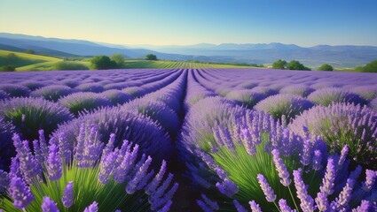 Obraz premium Lavender Field in Bloom with Mountain Background, AI generated 