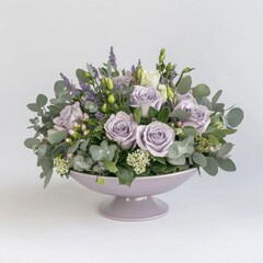 Naklejka premium Elegant Lavender and White Rose Floral Arrangement in a Bowl