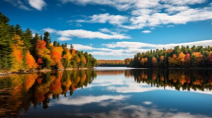 Obraz premium Serene autumn lake reflecting the vibrant colors of a lush forest landscape Tranquil natural scene with mirrored surface and vibrant fall foliage