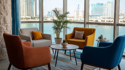 Fototapeta premium Modern lounge area with colorful chairs and plants overlooking a city skyline