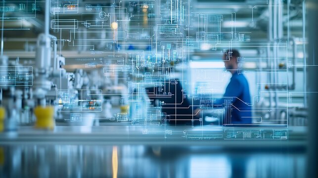 Serene workspace for a process engineer featuring sharp focus on industrial flow diagrams process control systems and diagnostic tools while the engineer remains softly blurred