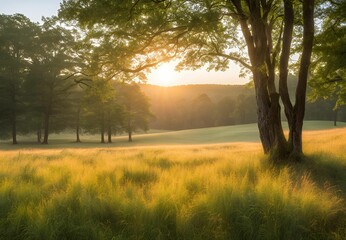 Fototapeta premium Serene Autumn Landscape with Sunset and Trees
