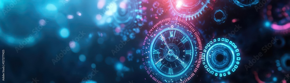 Poster Futuristic Abstract Background with Blue Glowing Circles and Pink Highlights and Intricate Patterns
