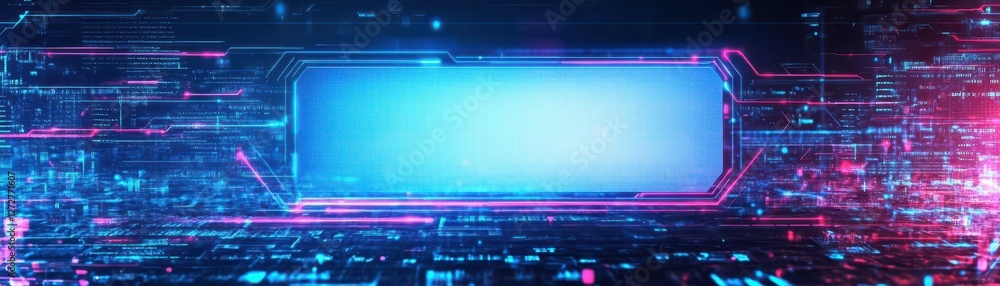 Poster Futuristic Digital Interface with Glowing Lines and Abstract Binary Code in Blue and Pink