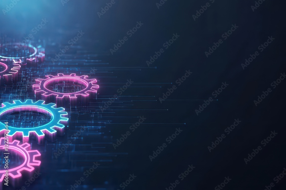 Poster futuristic gear set with neon illumination on dark backdrop for engineering solutions