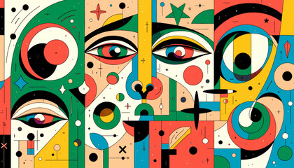 Abstract Geometric Art Print Colorful Shapes Eyes Modern Design Bold Lines Vibrant Artwork