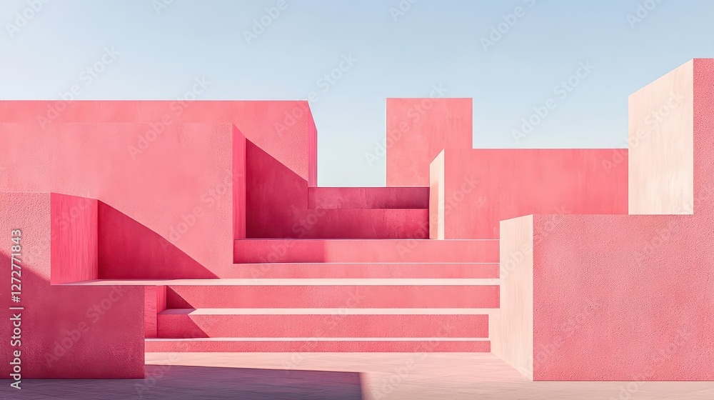 Poster geometric pink architecture with abstract staircases against a blue sky backdrop