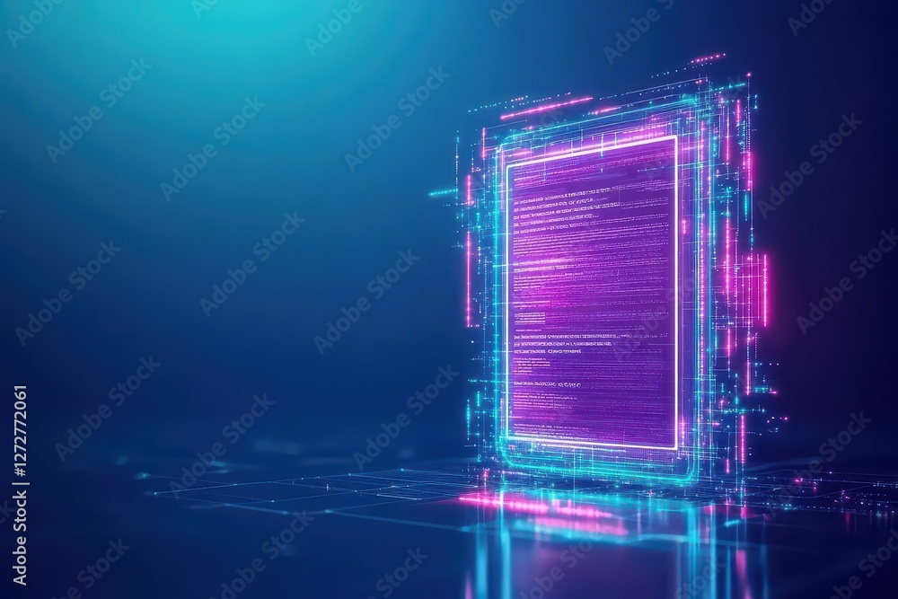 Poster Glowing Rectangular Portal with Abstract Code and Neon Lights in Dark Background