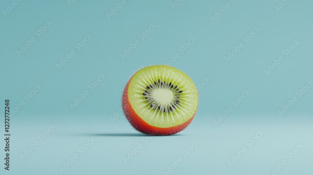 Aufkleber halved kiwi fruit with green flesh and tiny black seeds on light blue backdrop