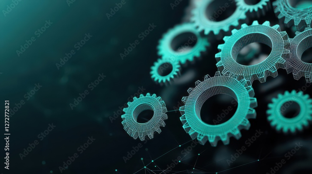 Aufkleber Intricate Teal Gears Interlocking in Digital Geometric Technological Space with Metallic Accents