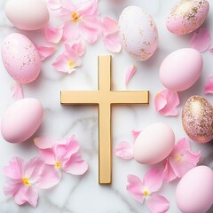 Pastel Pink Easter Eggs Gold Cross Flowers on Marble