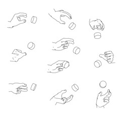 ダイアルを回す手のセット　白黒のベクターイラスト。