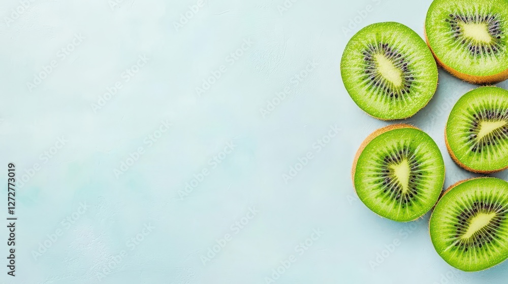 Poster kiwi halves arranged on light blue surface flat lay composition overhead view