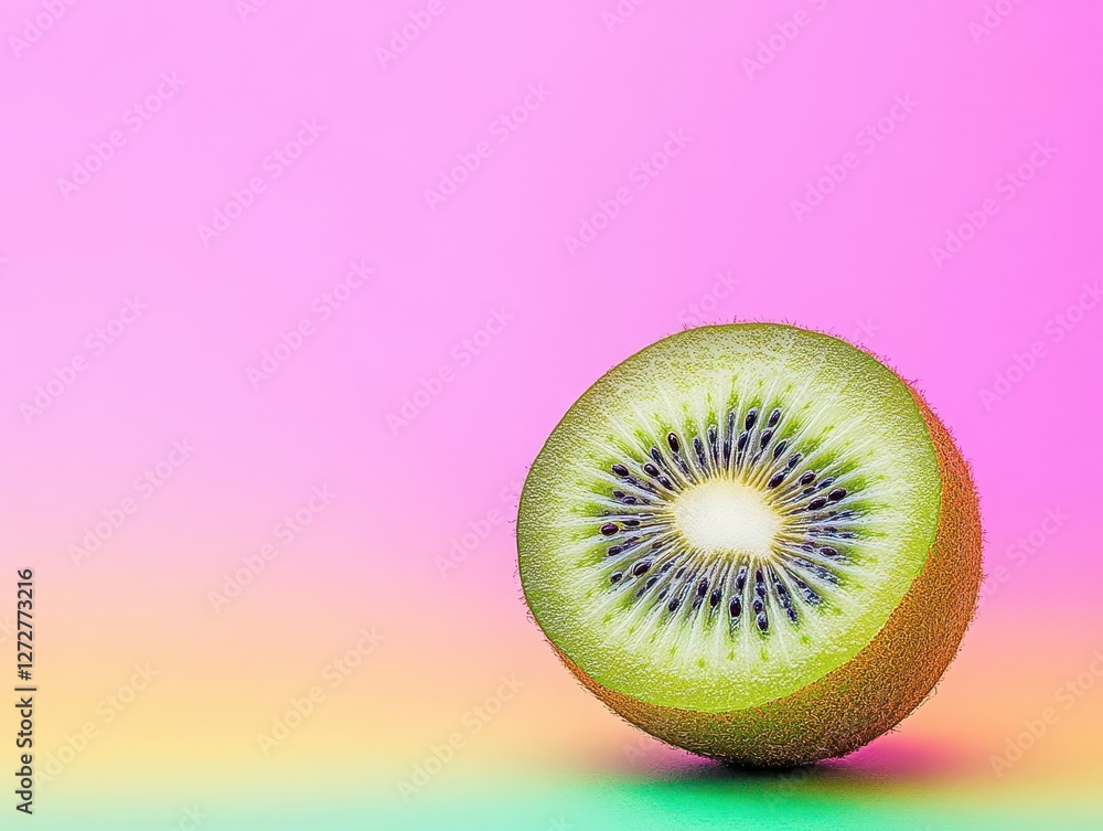 Poster Macro Shot of a Half Kiwi Fruit with Seeds on a Gradient Background