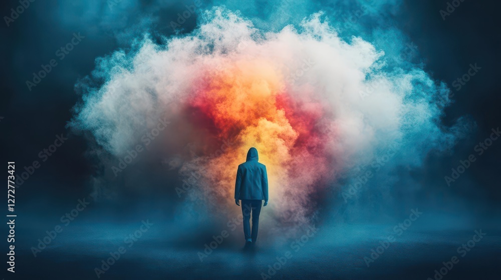 Aufkleber man in hoodie standing before glowing fiery cloud in dark moody atmosphere