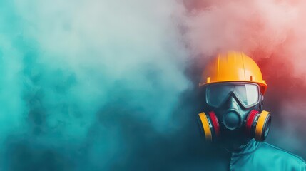 Obraz premium Man in Gas Mask and Yellow Hard Hat Surrounded by Blue and Red Smoke