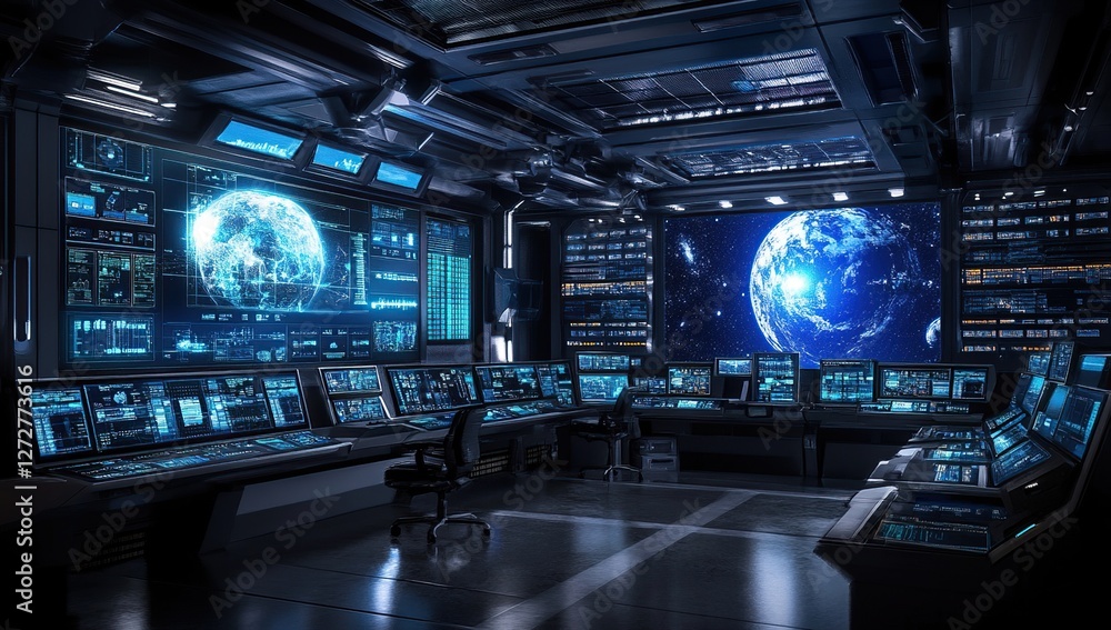 Poster exploring futuristic control room: advanced technology displays global network data, monitors planet