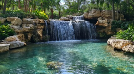Naklejka premium serene waterfall cascading into a crystal-clear pool, surrounded by lush greenery, Generative AI