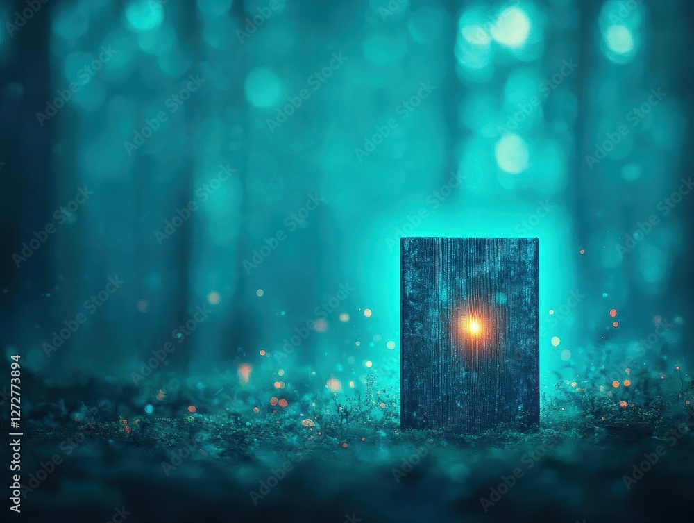 Poster Mysterious Glowing Cube in Teal Forest with Sparkles and Ethereal Illumination