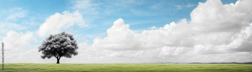 Aufkleber panoramic view of tree in green field under cloudy blue sky wide format