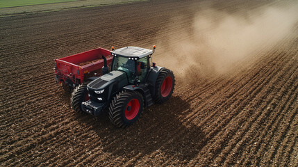 Obraz premium A bird's-eye view showcases a modern tractor actively tilling the soil, spreading fertilizer across a vast agricultural field. Dust rises, highlighting the industrious efforts to nurture the land