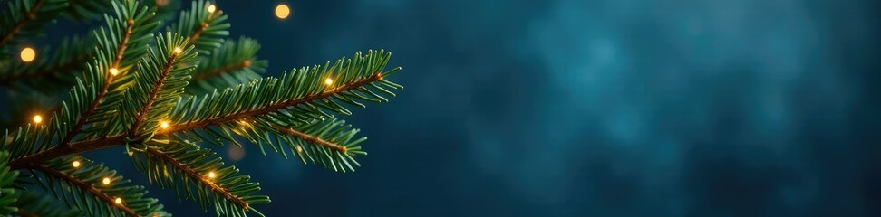 Fototapeta premium Evergreen branch with golden string lights on dark blue background, blue background christmas, evergreen and gold, evergreen branches with lights