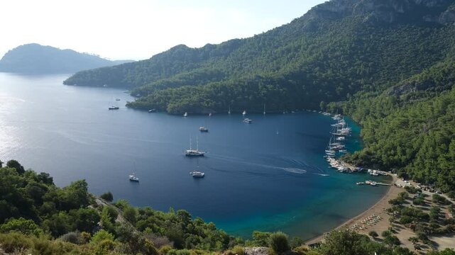 Great view of Sarsala Bay. Mediterranean coast in Turkey. Dalaman district, Mugla province - 4K video 