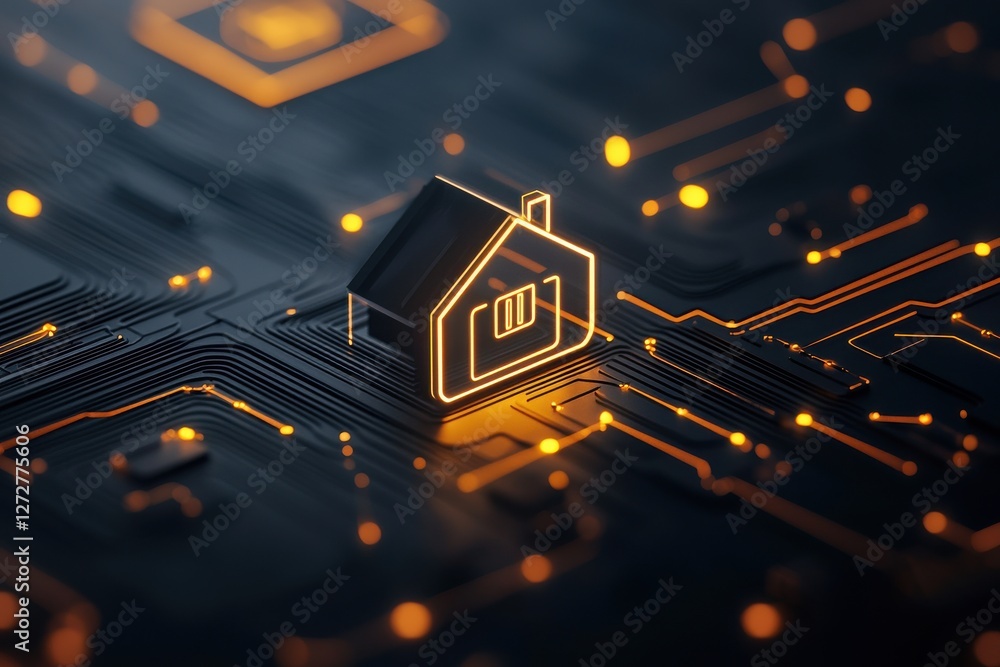 Poster exploring digital advanced smart home innovation urban setting visual art glowing atmosphere futuris