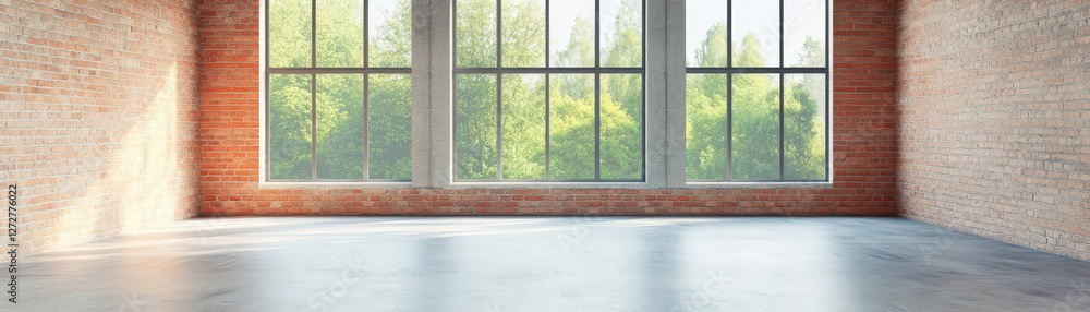 Poster Sunlit Empty Room With Brick Walls Polished Concrete Floor and Large Window