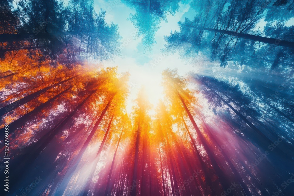 Aufkleber Sunlight Filtering Through Tall Trees in Forest with Blue and Orange Sky View