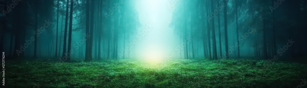 Poster tranquil forest with mist and lush green grass illuminated by mystical light
