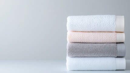 Stacked soft towels on white surface, simple background