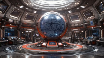 Futuristic Spaceship Control Room Central Data Sphere