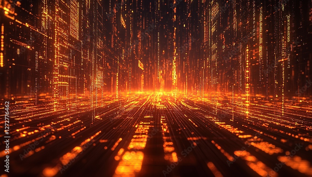 Poster digital cityscapes: exploring futuristic urban environments with glowing data streams and abstract d