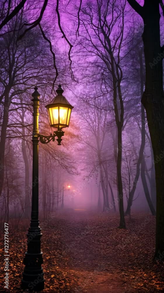 Poster mystical twilight walk through a foggy forest with glowing lanterns illuminating the path