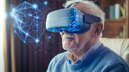 Elderly male experiencing virtual reality with vr headset