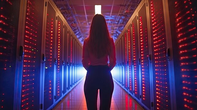 Woman Stands In A Data Center Server Room