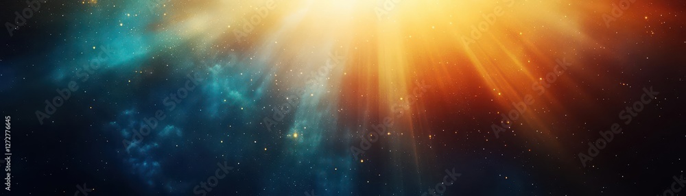Poster Vibrant Abstract Nebula with Sparkling Stars and Dynamic Light Rays in Space