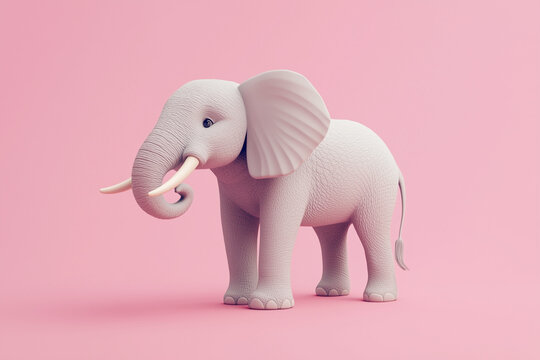 3D illustration of an elephant standing on a pink background. Detailed 3D render of a cute elephant with tusks and textured skin in a soft minimal pastel scene.
