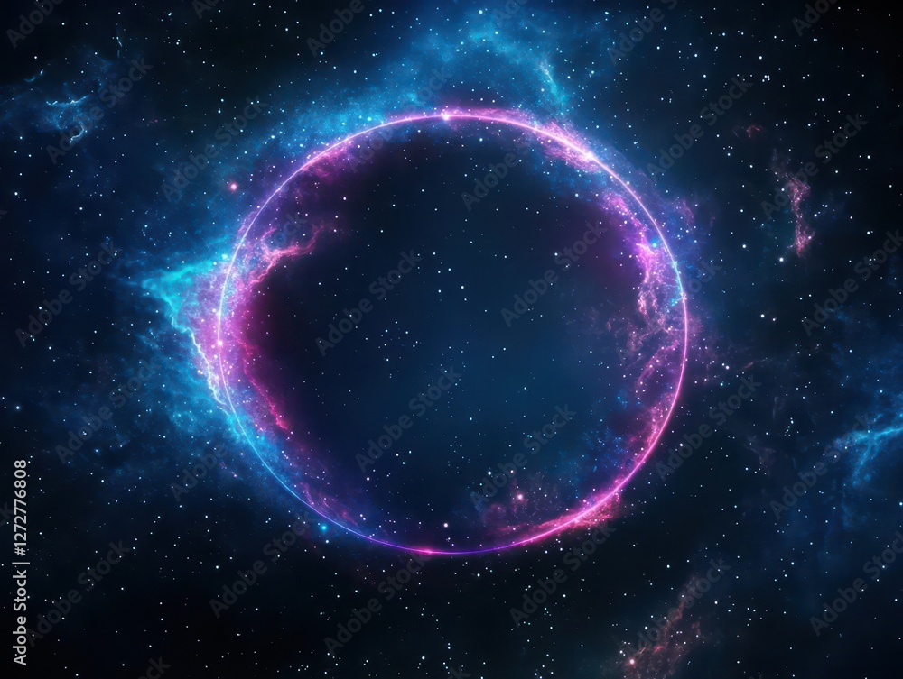 Poster vibrant circle nebula with blue and pink light in dark cosmos and starry background