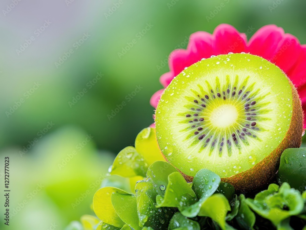 Poster vibrant kiwi slice with pink flower and green leaves in a wet garden setting