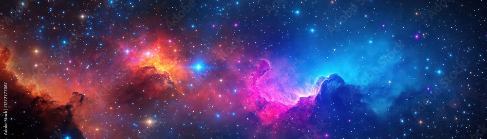 Poster vibrant nebula in deep space with colorful clouds of gas and dust starry galaxy background