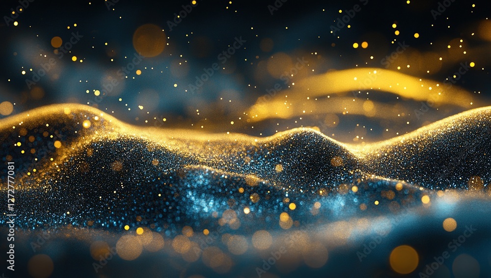 Poster golden and blue particles flow dynamically, creating abstract art with shimmering effects and glowin