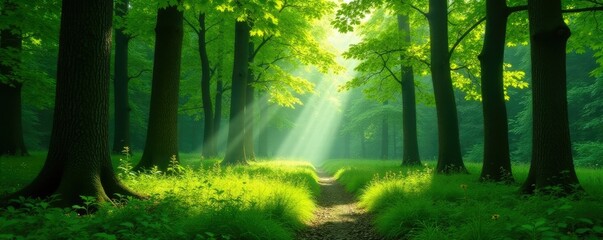 Obraz premium Green forest with tall trees and sunlight filtering through leaves, wilderness, peaceful, plants