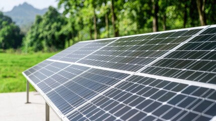 Fototapeta premium Solar panels in park, green background, energy