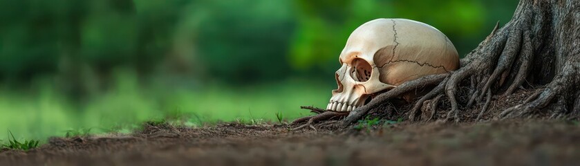 Obraz premium Weathered Skull Nestled Among Exposed Tree Roots in Green Forest Under Soft Natural Light