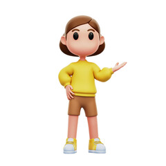 Chibi Girl Standing While Showing Something 3D Illustration Isolated Transparent Background	